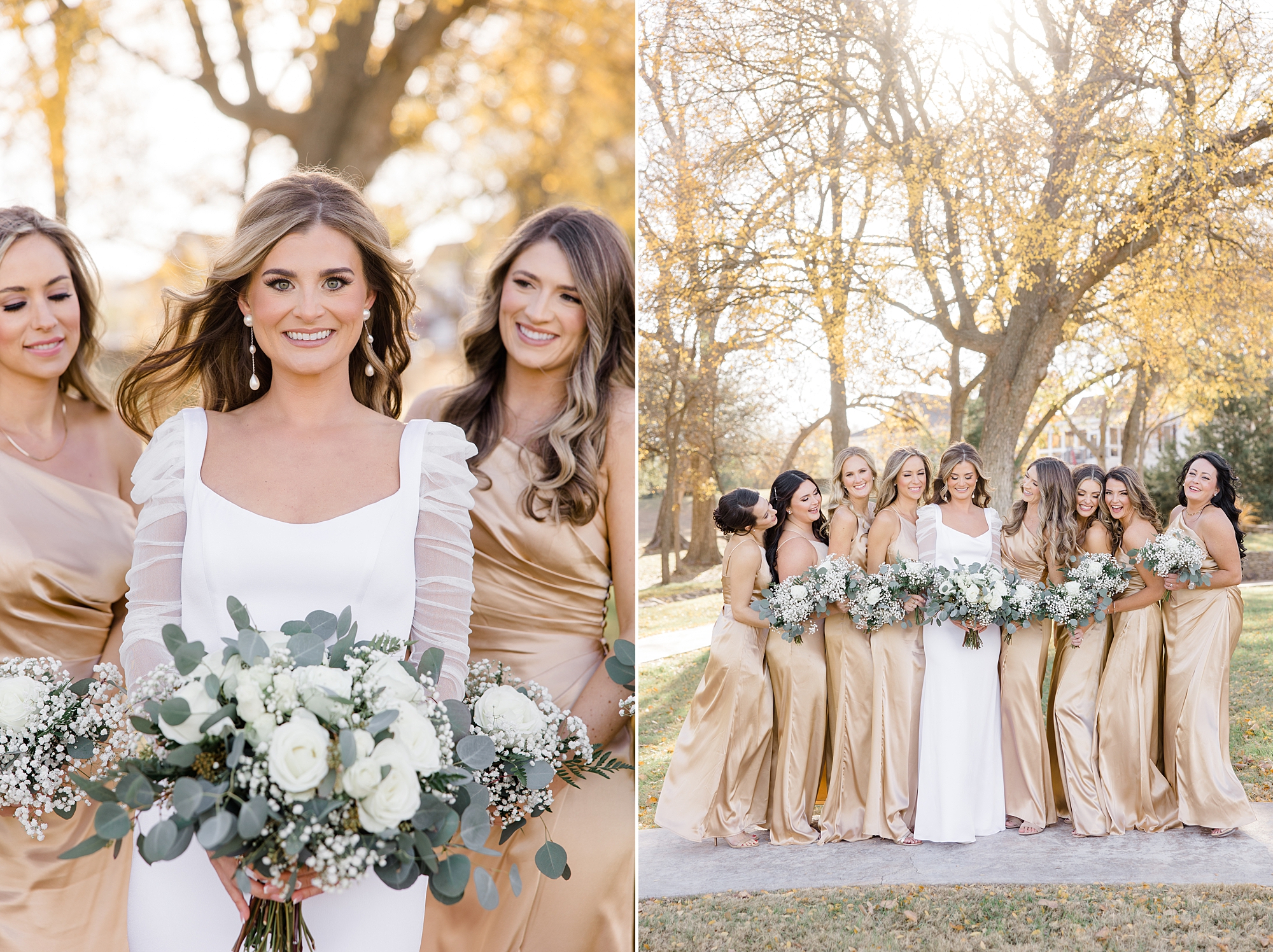 bride smiles with bridesmaids in gold gowns at The Brooks at Weatherford