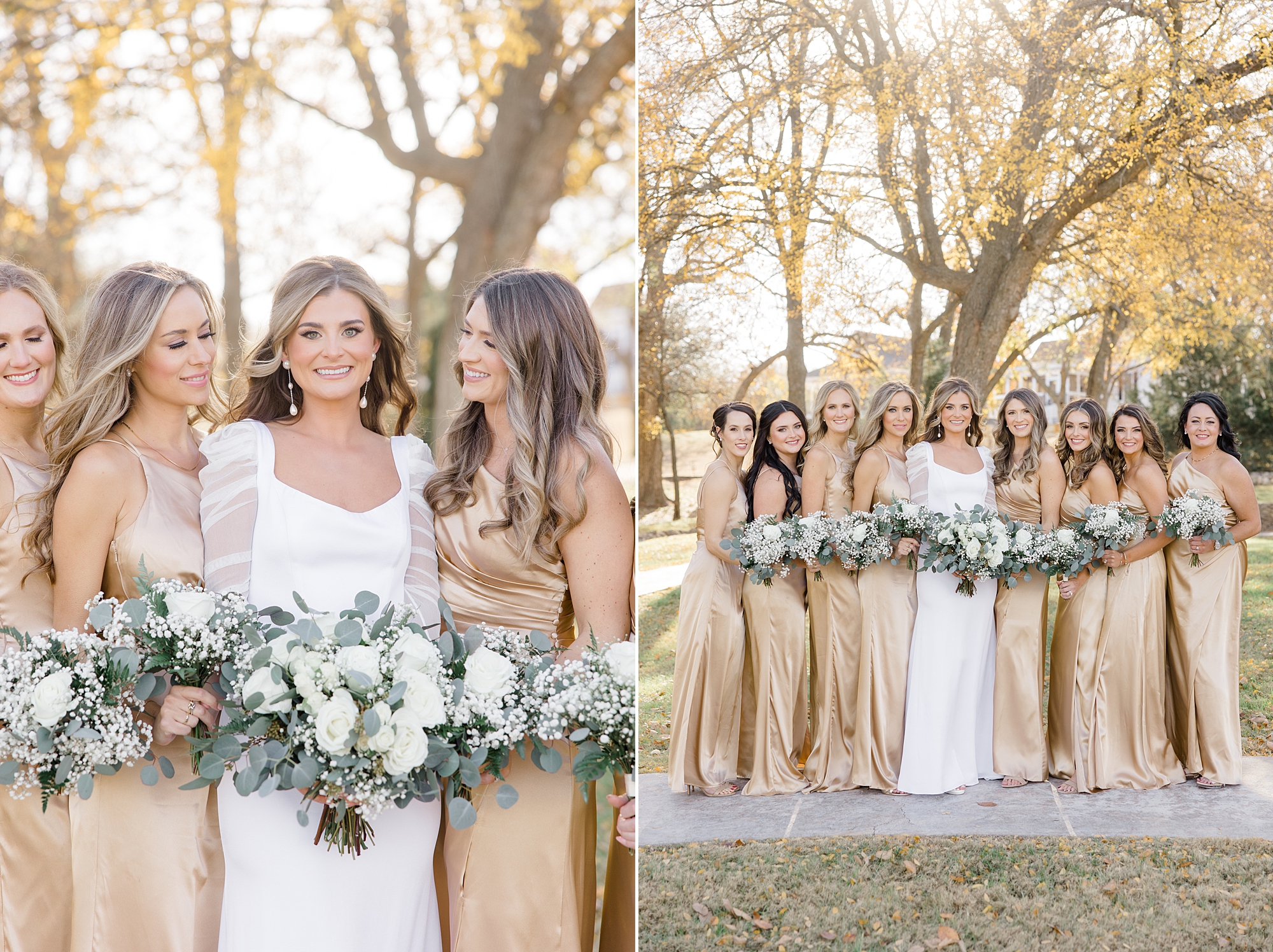 bride smiles surrounded by bridesmaids in gold gowns