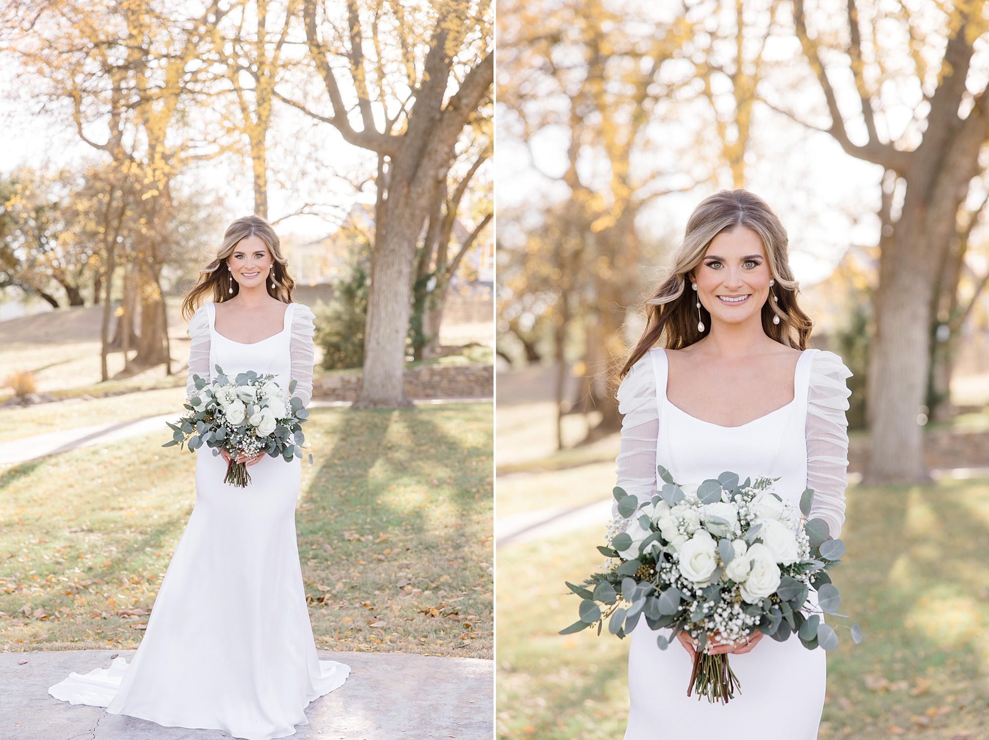 bride in wedding gown with puffy gauze sleeves holds bouquet of white flowers 