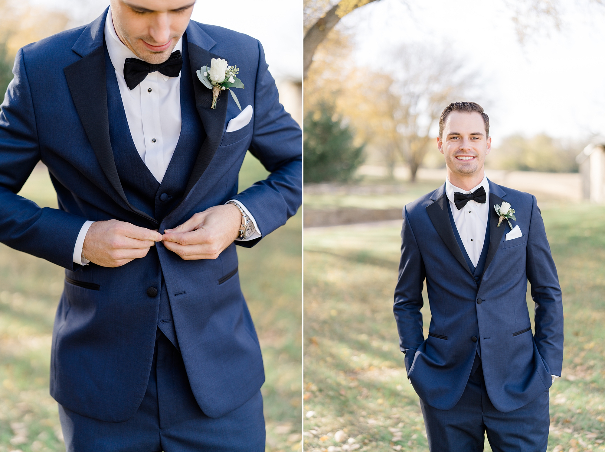 groom buttons up navy jacket with black lapel 