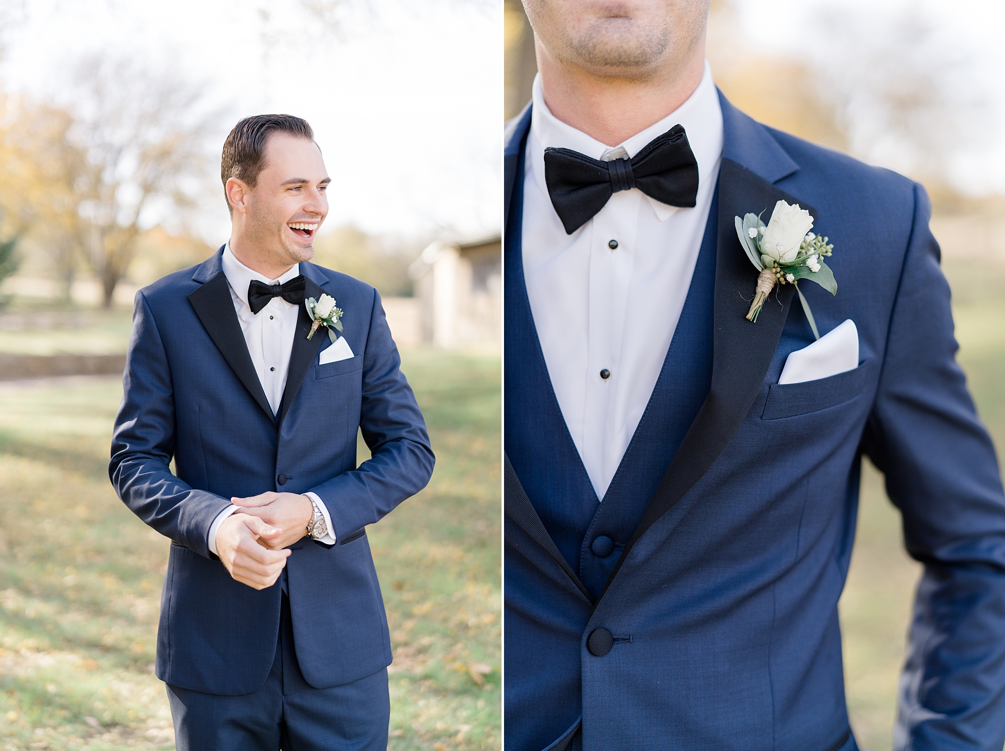 groom laughs adjusting cufflinks for custom navy suit jacket 