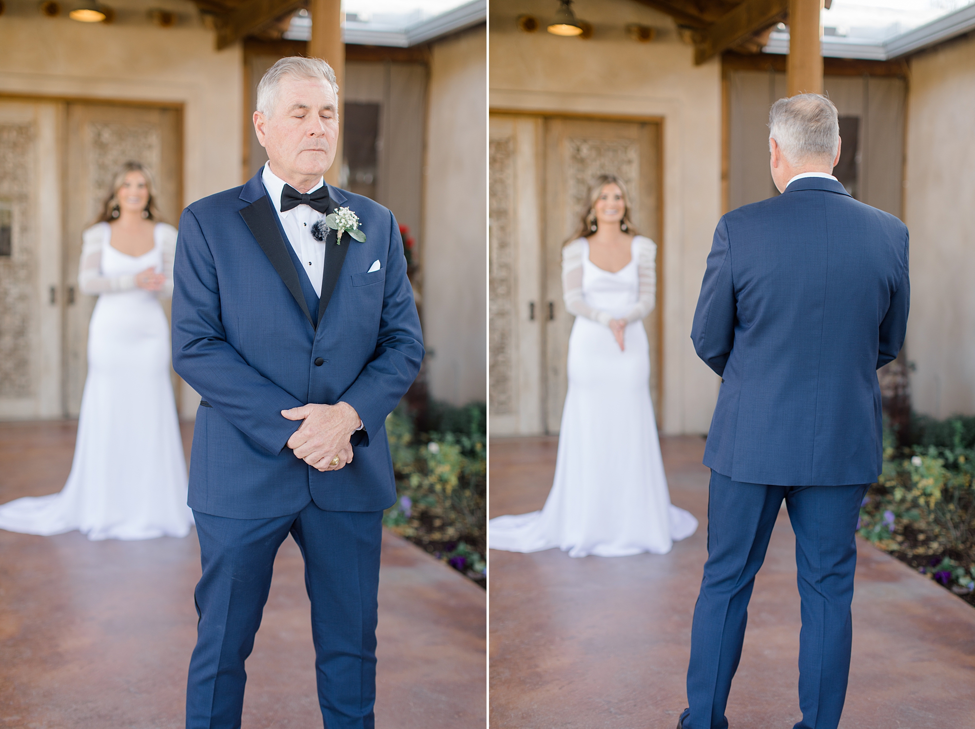 bride approaches father for first look outside The Brooks at Weatherford