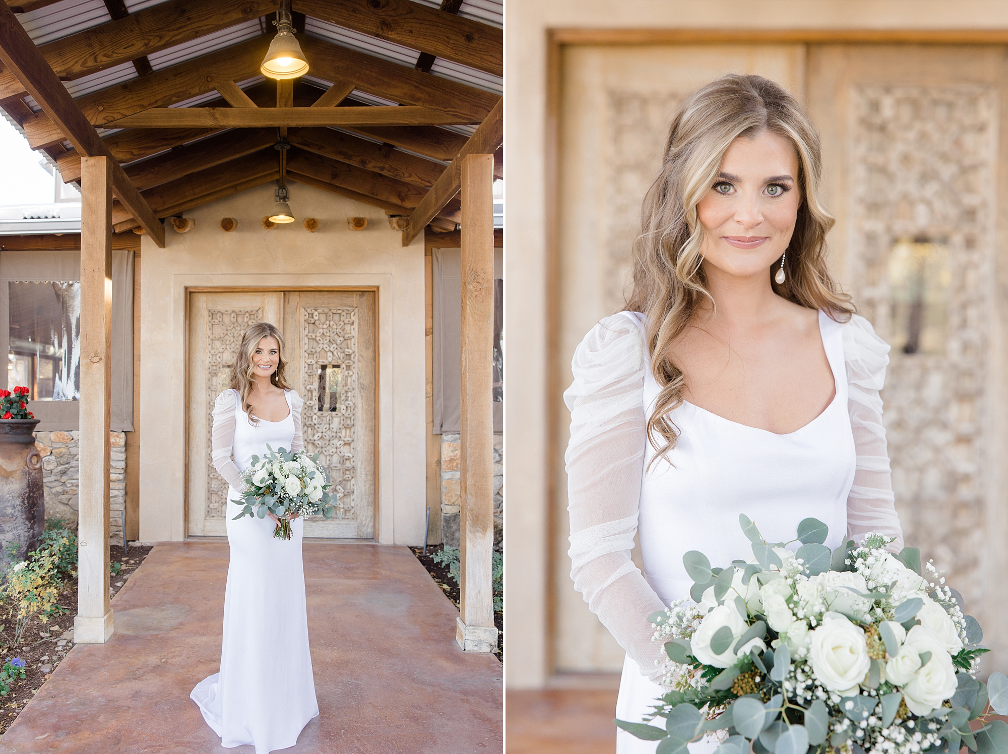 bride smiles in wedding gown with sleeves outside stone doorway at The Brooks at Weatherford