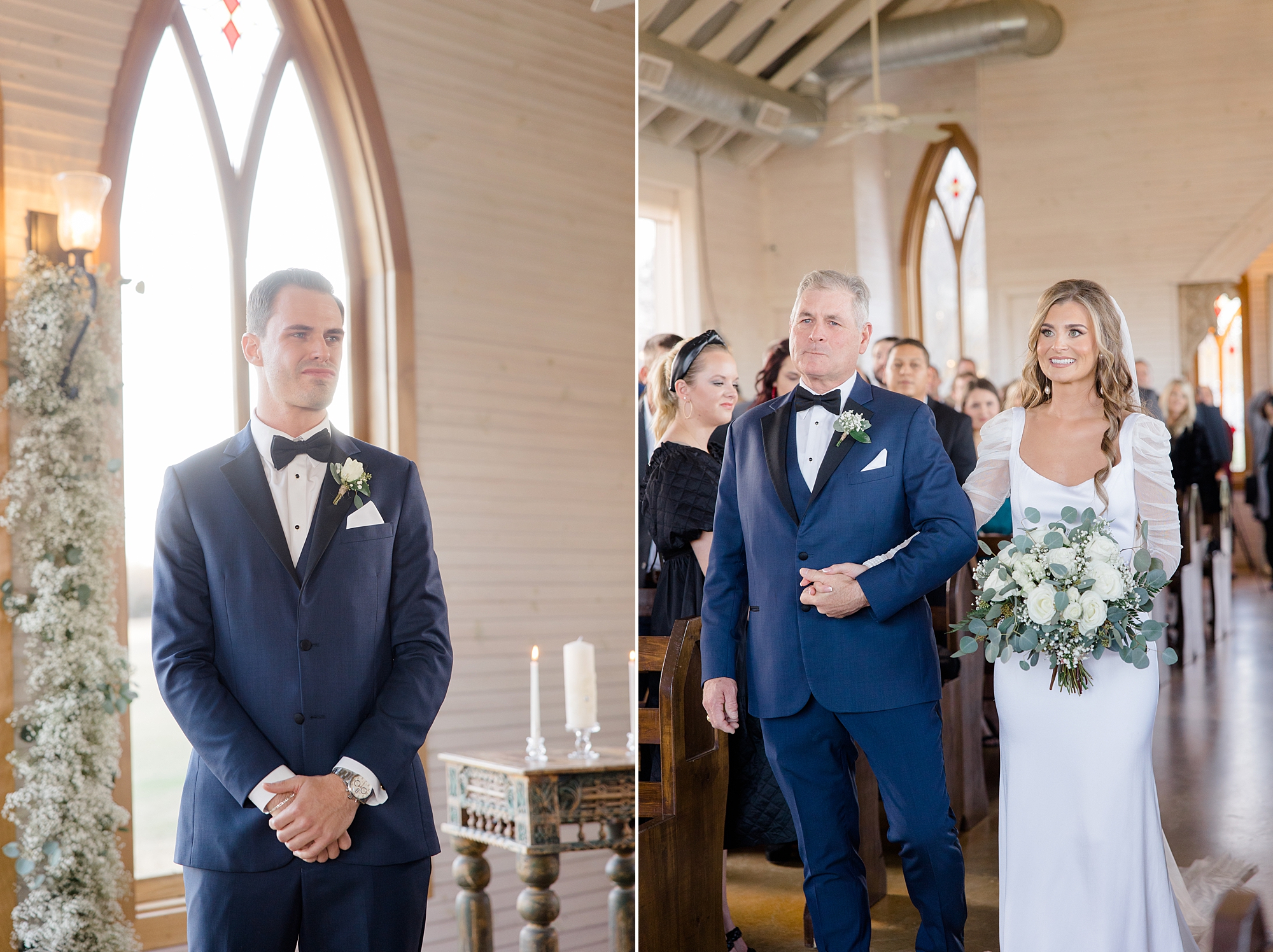 groom cries watching bride walk down aisle in chapel 