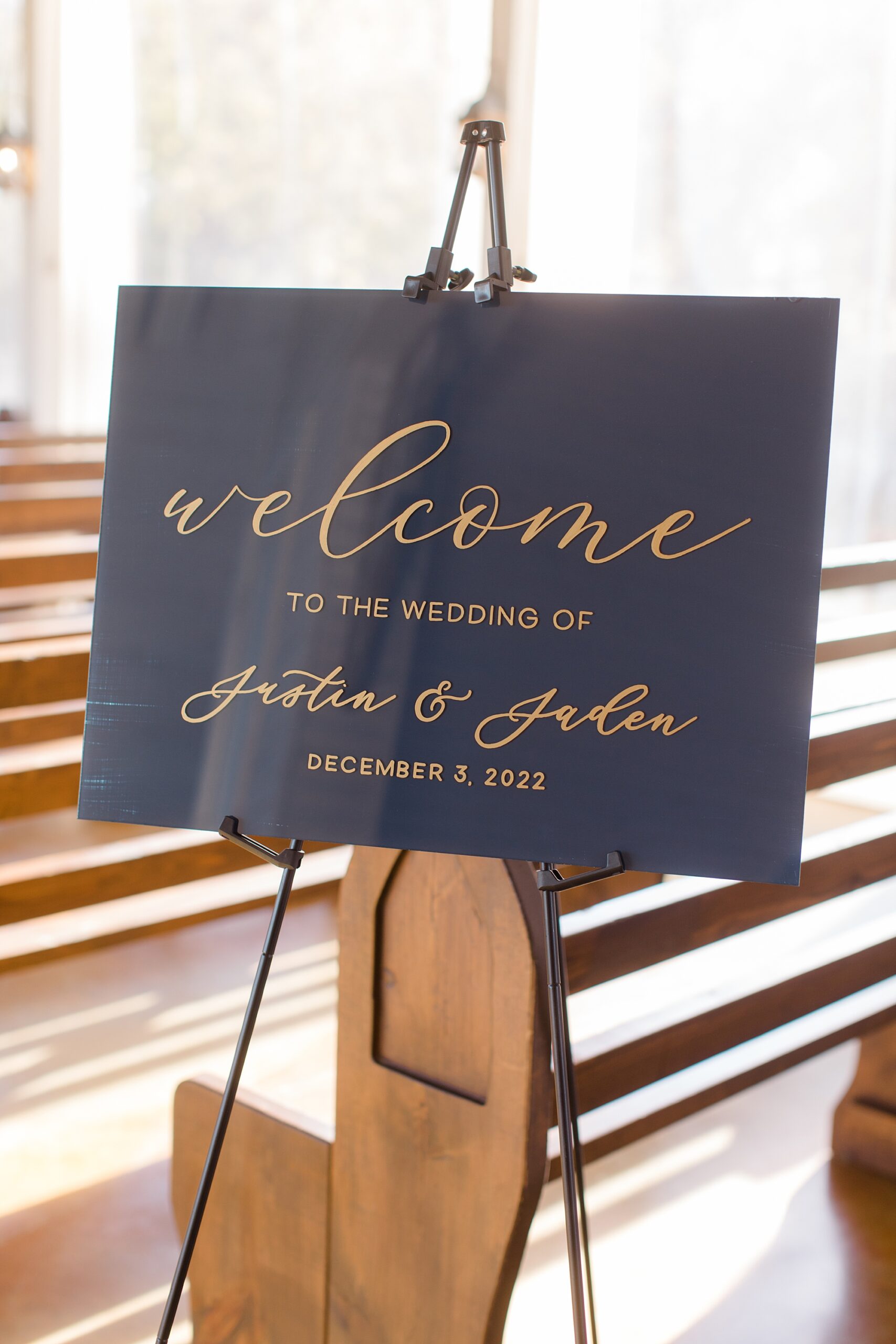 navy and gold welcome sign for church ceremony in Texas 