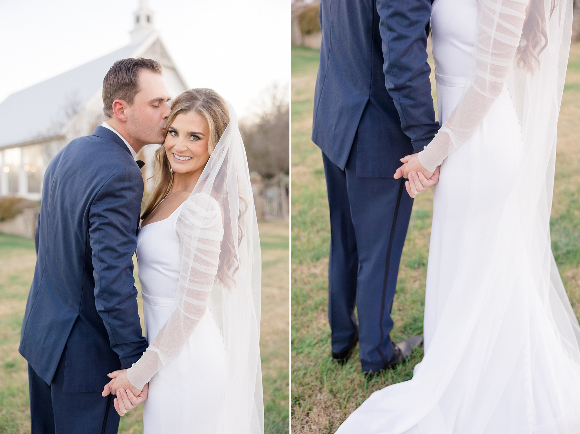 bride and groom hold hands while groom kisses bride's cheek outside chapel 