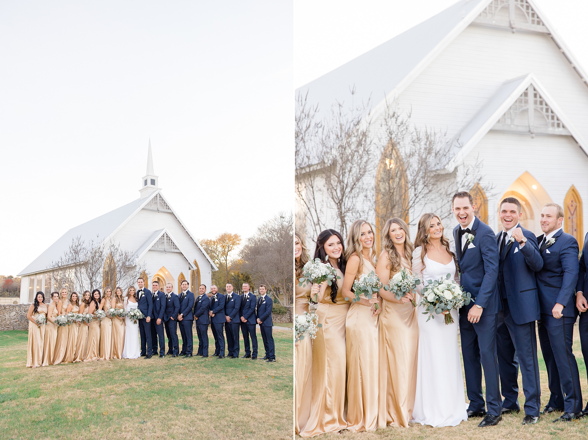 newlyweds pose outside white chapel with bridal party in gold dress and navy suits 