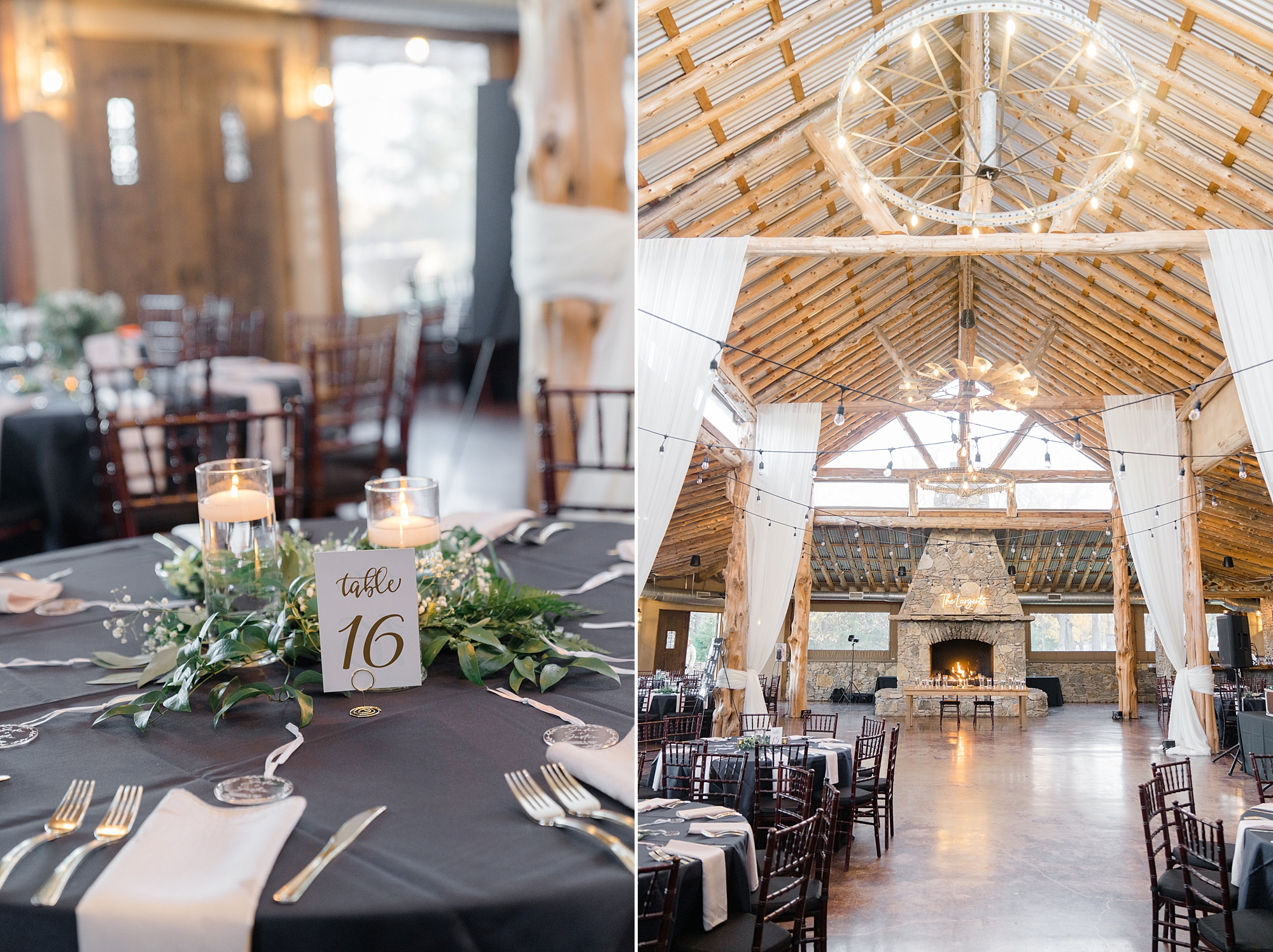 The Brooks at Weatherford wedding reception with black and gold details 