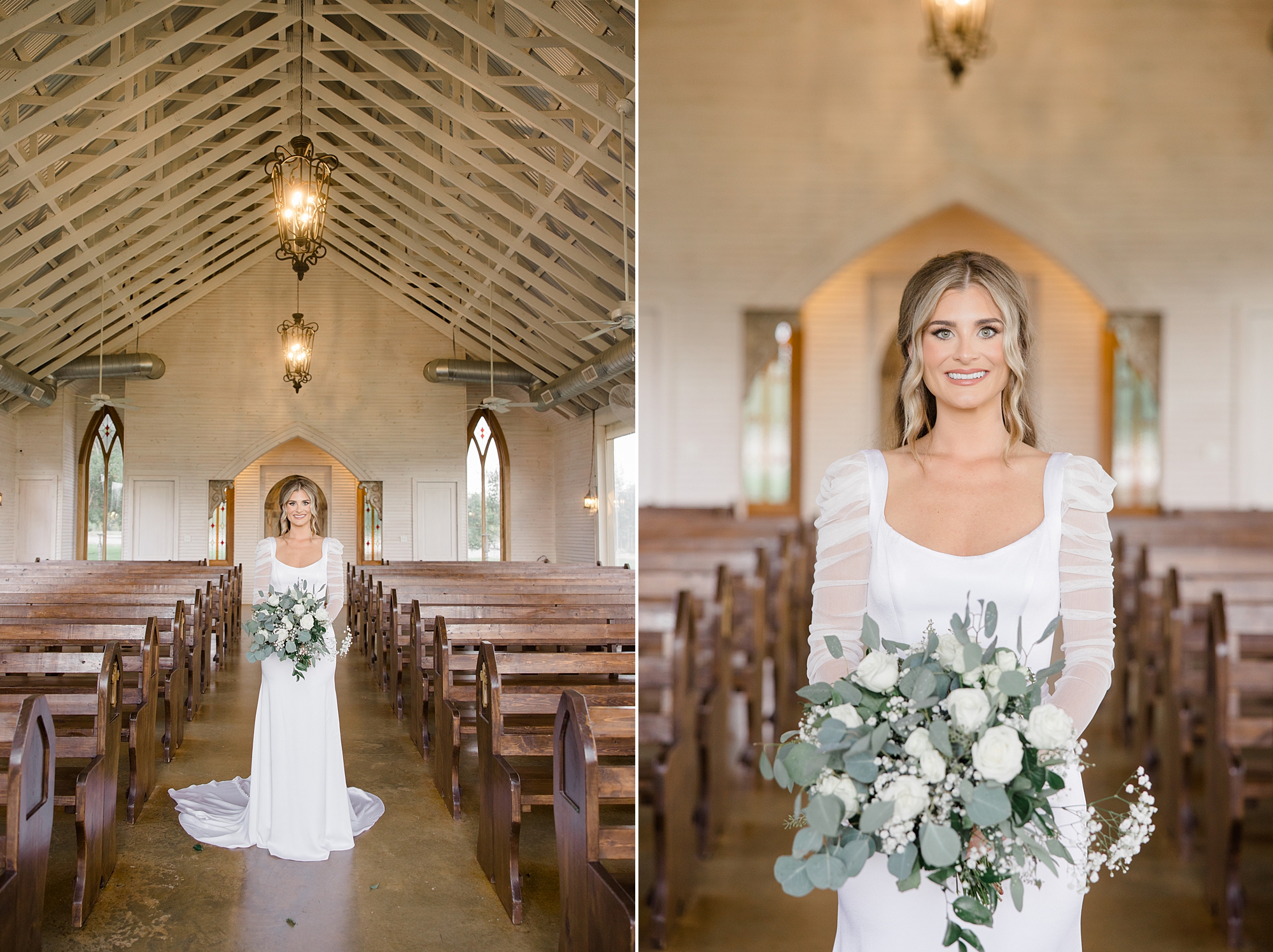 bride in long-sleeve wedding gown stands in aisle of chapel at The Brooks at Weatherford