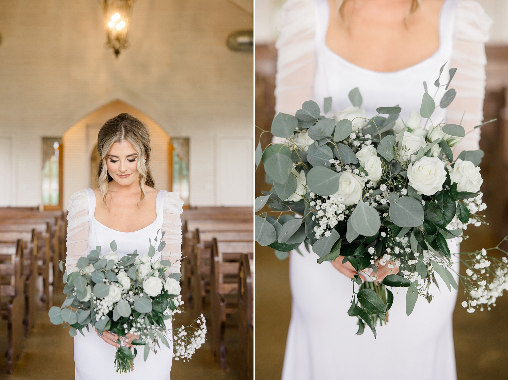 bride holds bouquet of eucalyptus and white flowers in pews