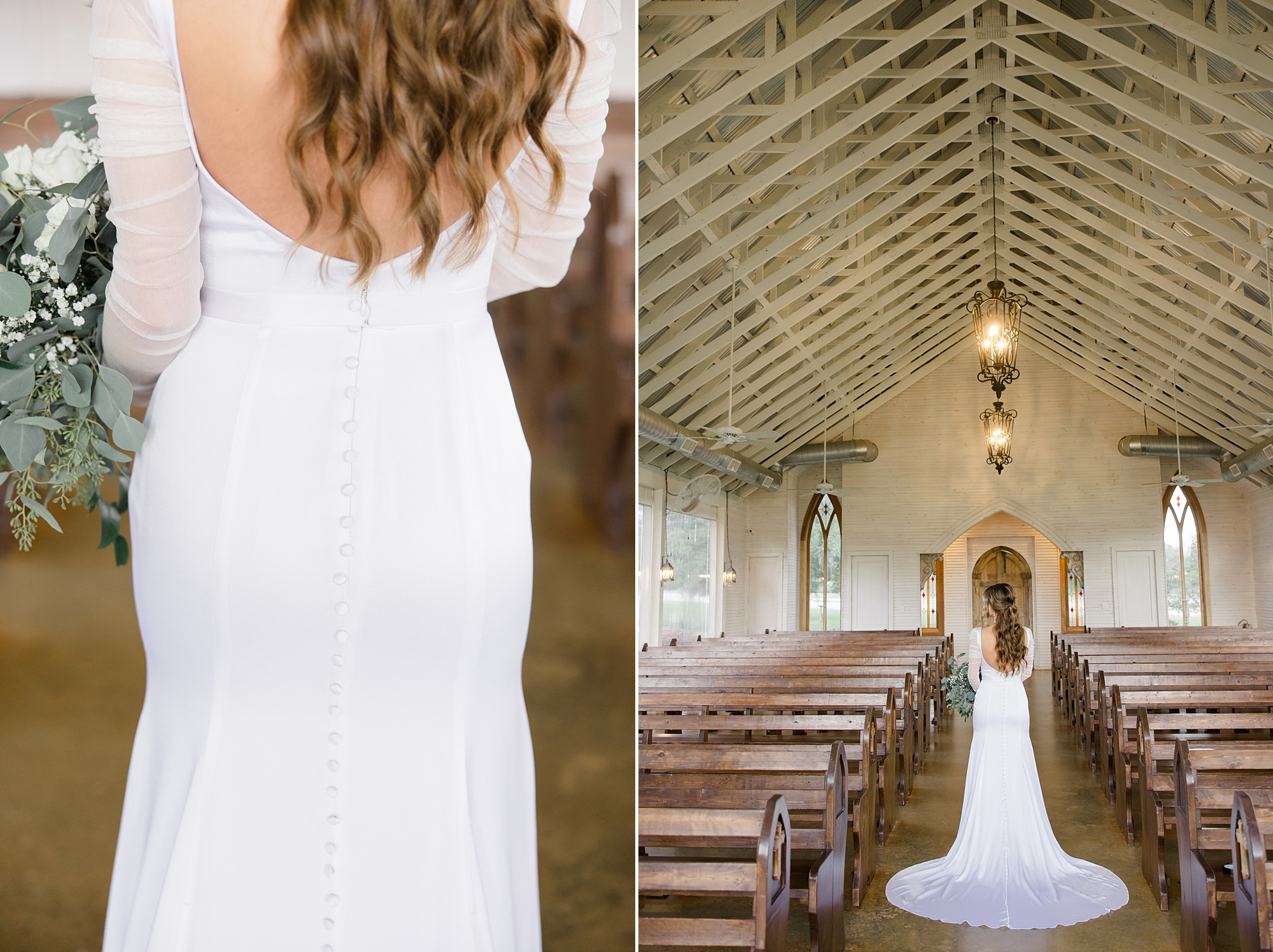 bride stands between wooden pews at The Brooks at Weatherford