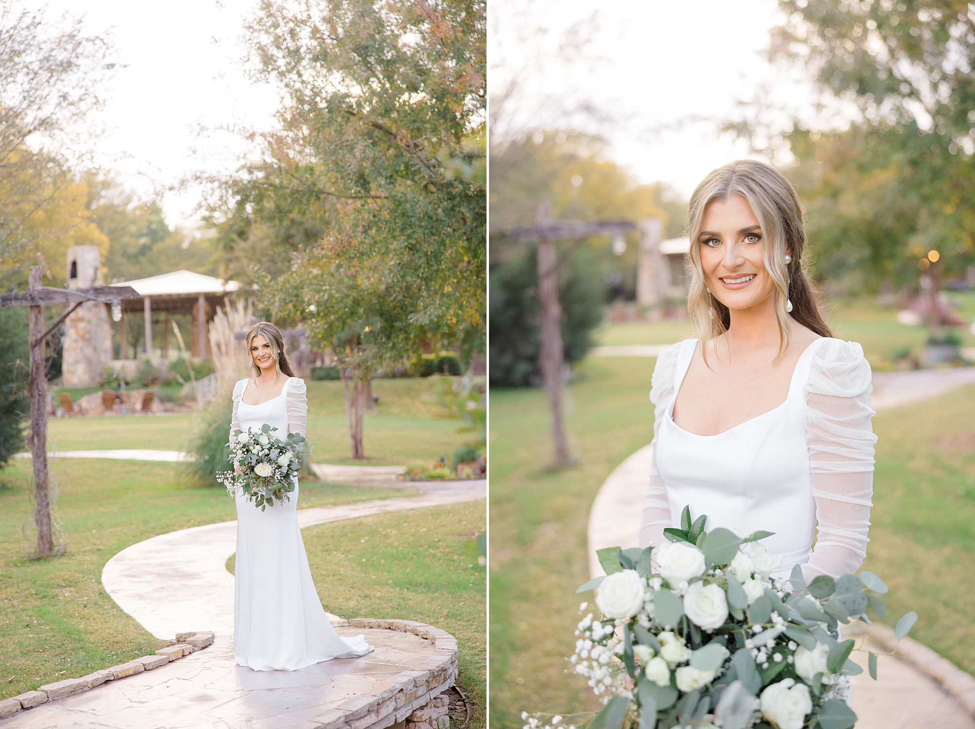 bride smiles holding bouquet during The Brooks at Weatherford bridal session