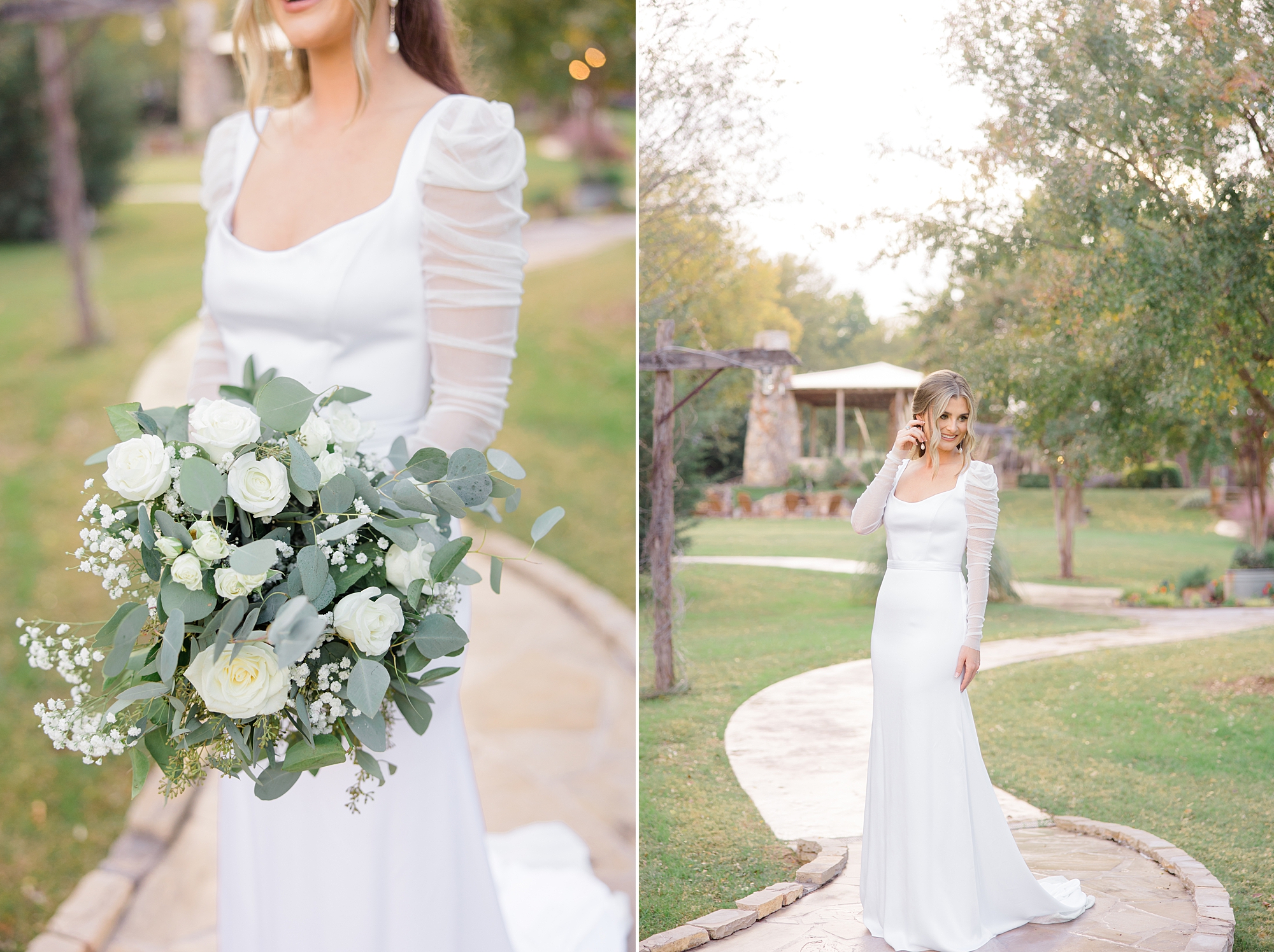 bride holds bouquet of white flowers and eucalyptus leaves at The Brooks at Weatherford