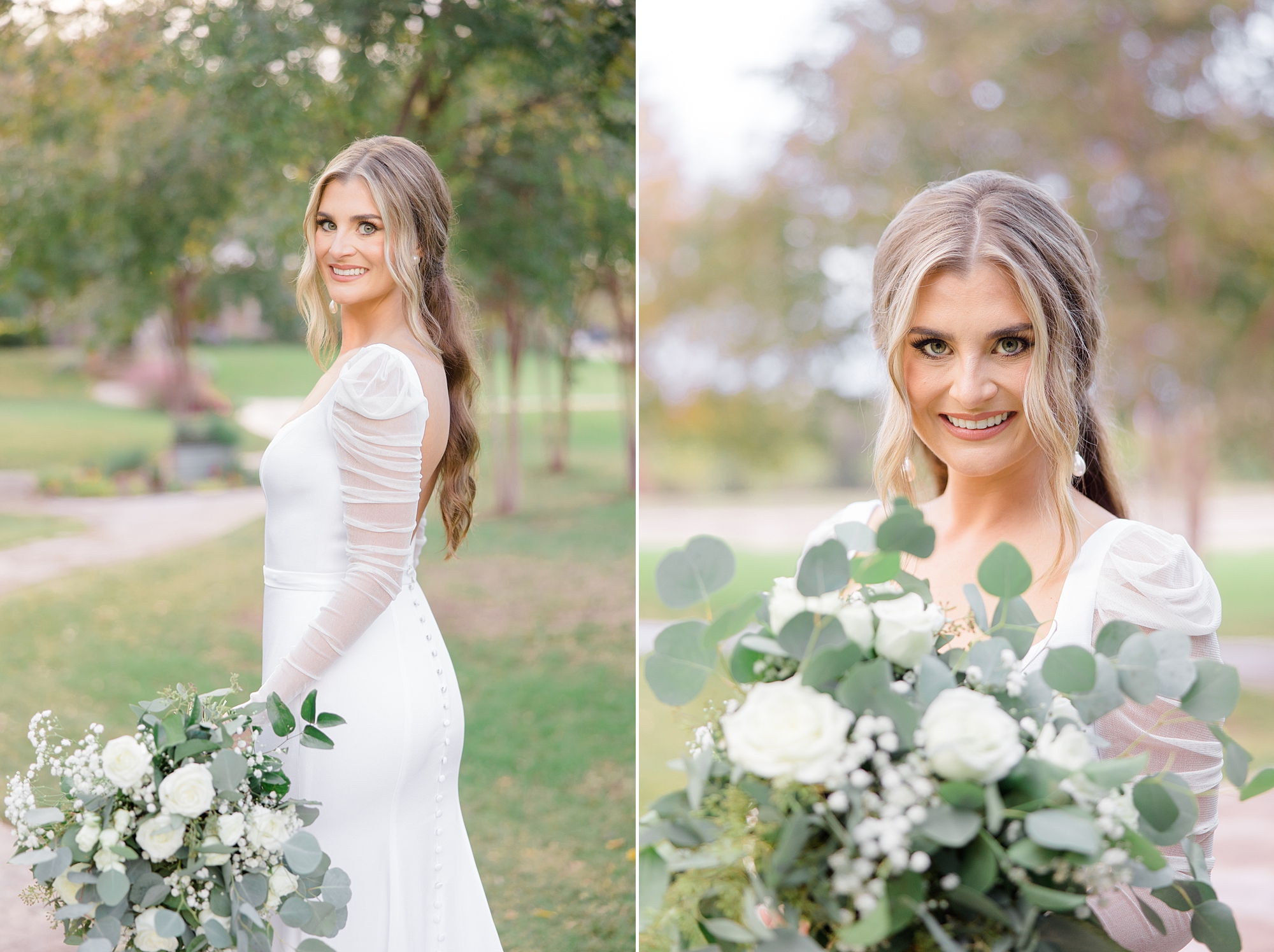 bride poses in long-sleeve wedding gown looking over shoulder at The Brooks at Weatherford bridal session
