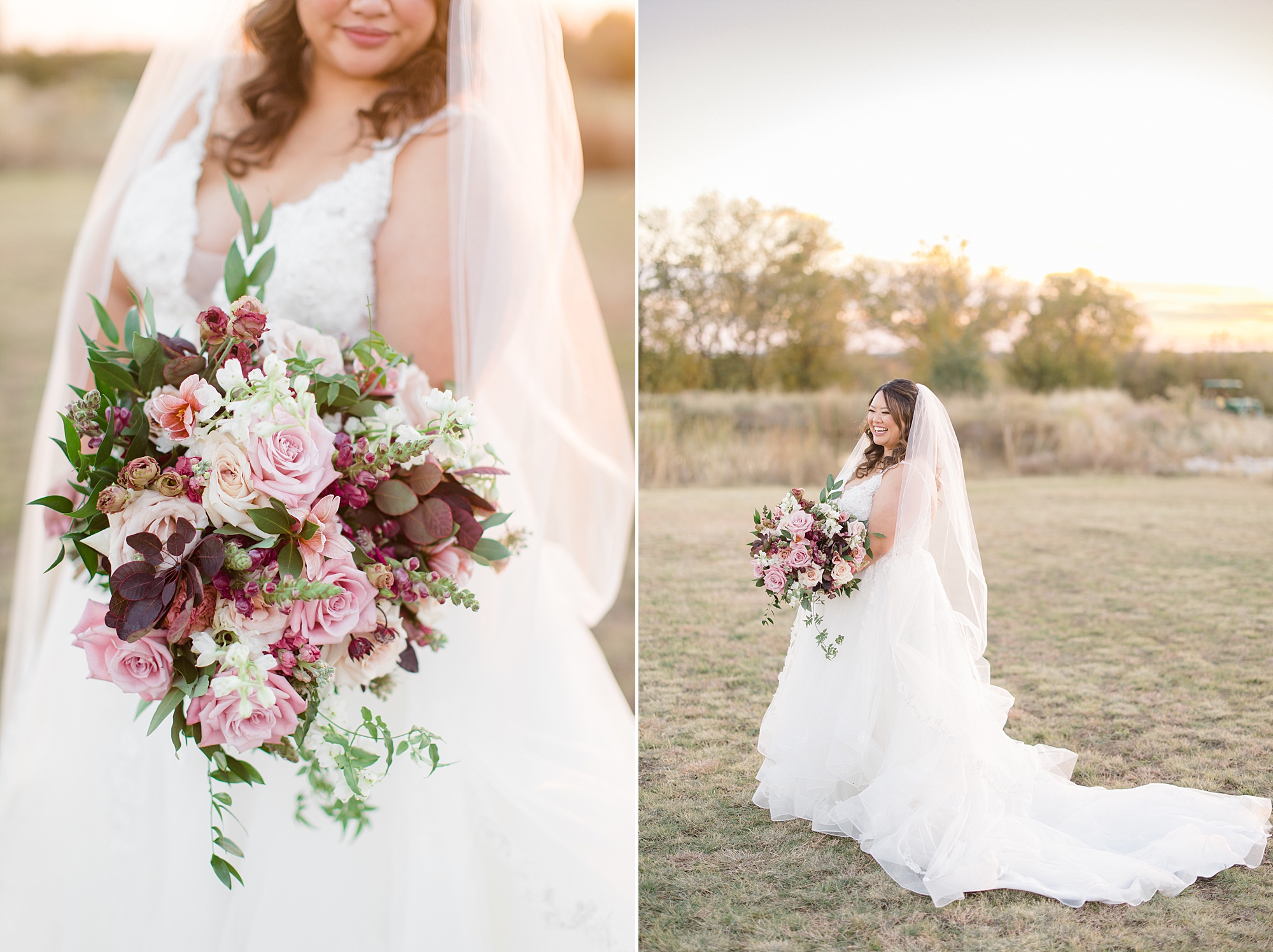 bride holds bouquet of pink and red flowers for winter Nest at Ruth Farms wedding 