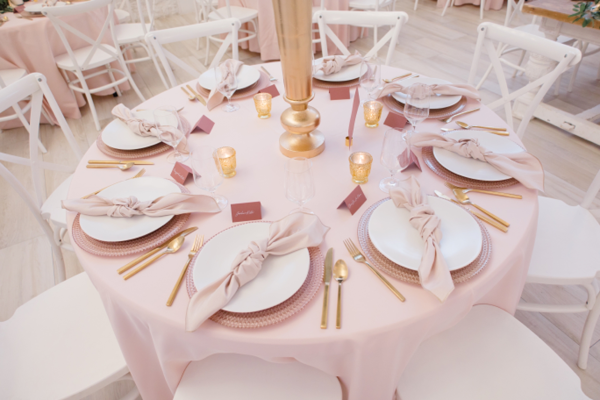 winter Nest at Ruth Farms reception place setting with pink napkins and gold silverware 