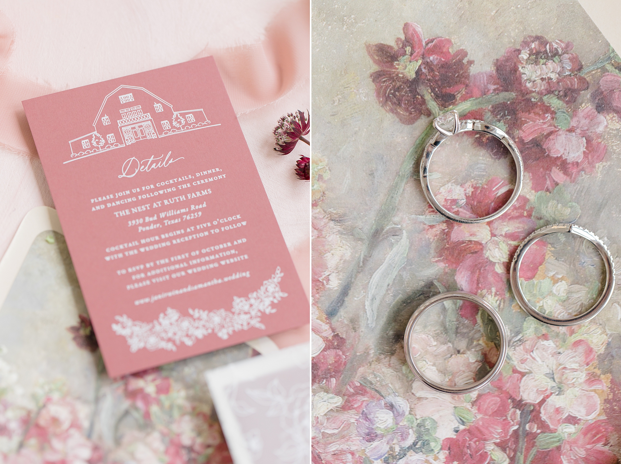 pink and white invitation suite with Nest at Ruth Farms on top
