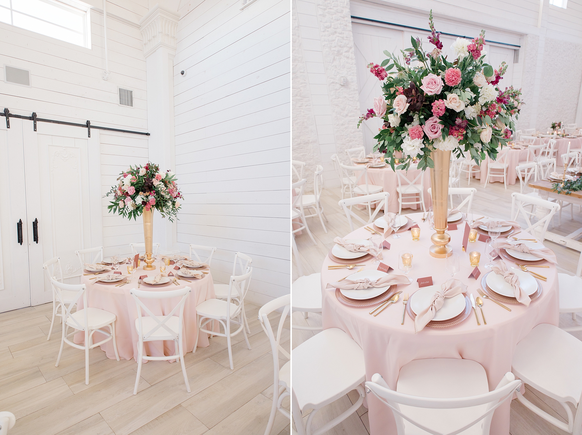 wedding reception centerpieces with tall gold vases and pink roses 