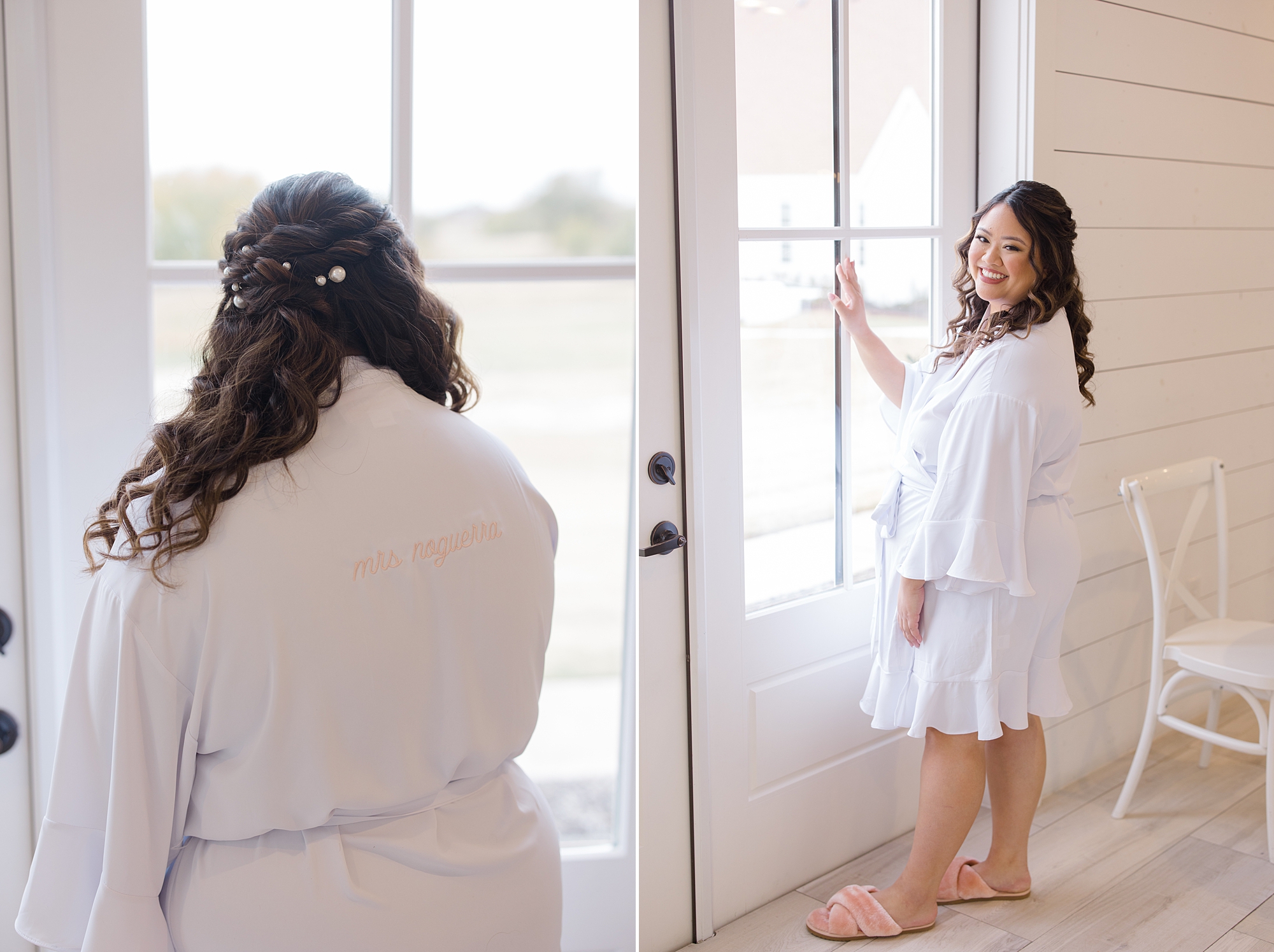 bride poses by open door at The Nest at Ruth Farms