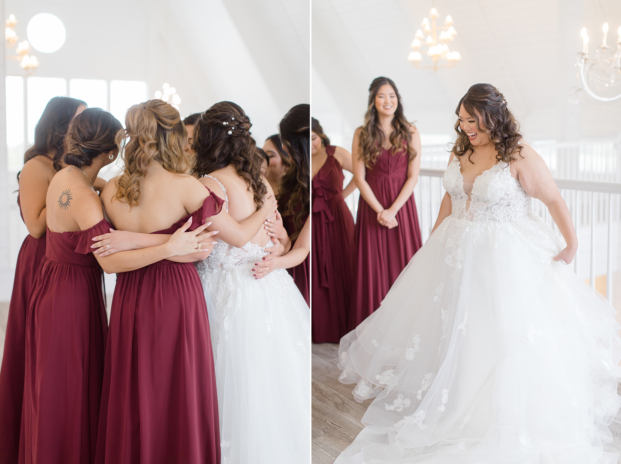 bride twirls wedding dress in front of bridesmaids in red gowns 