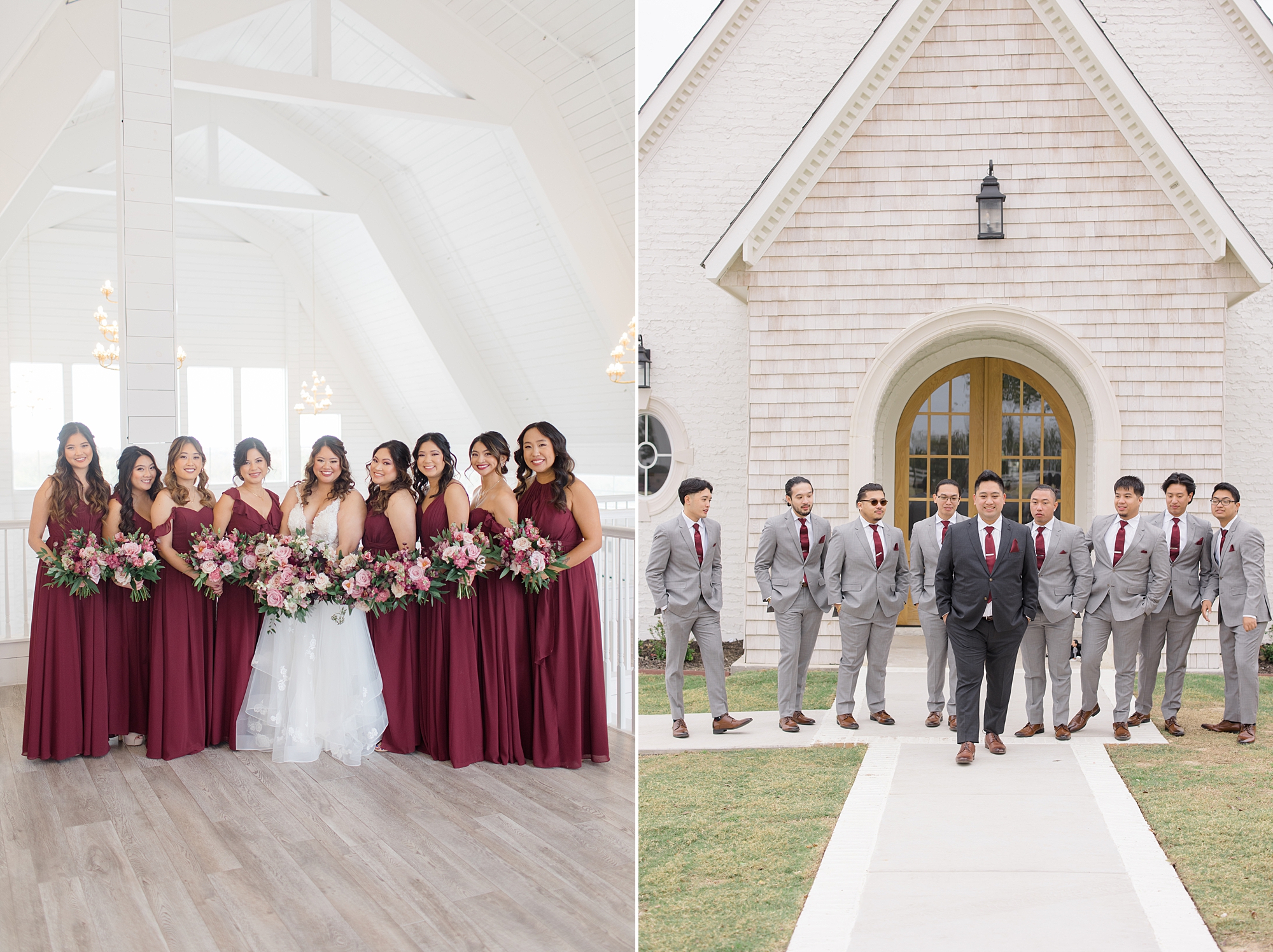 newlyweds pose with bridesmaids in burgundy gowns and groomsmen in grey suits 
