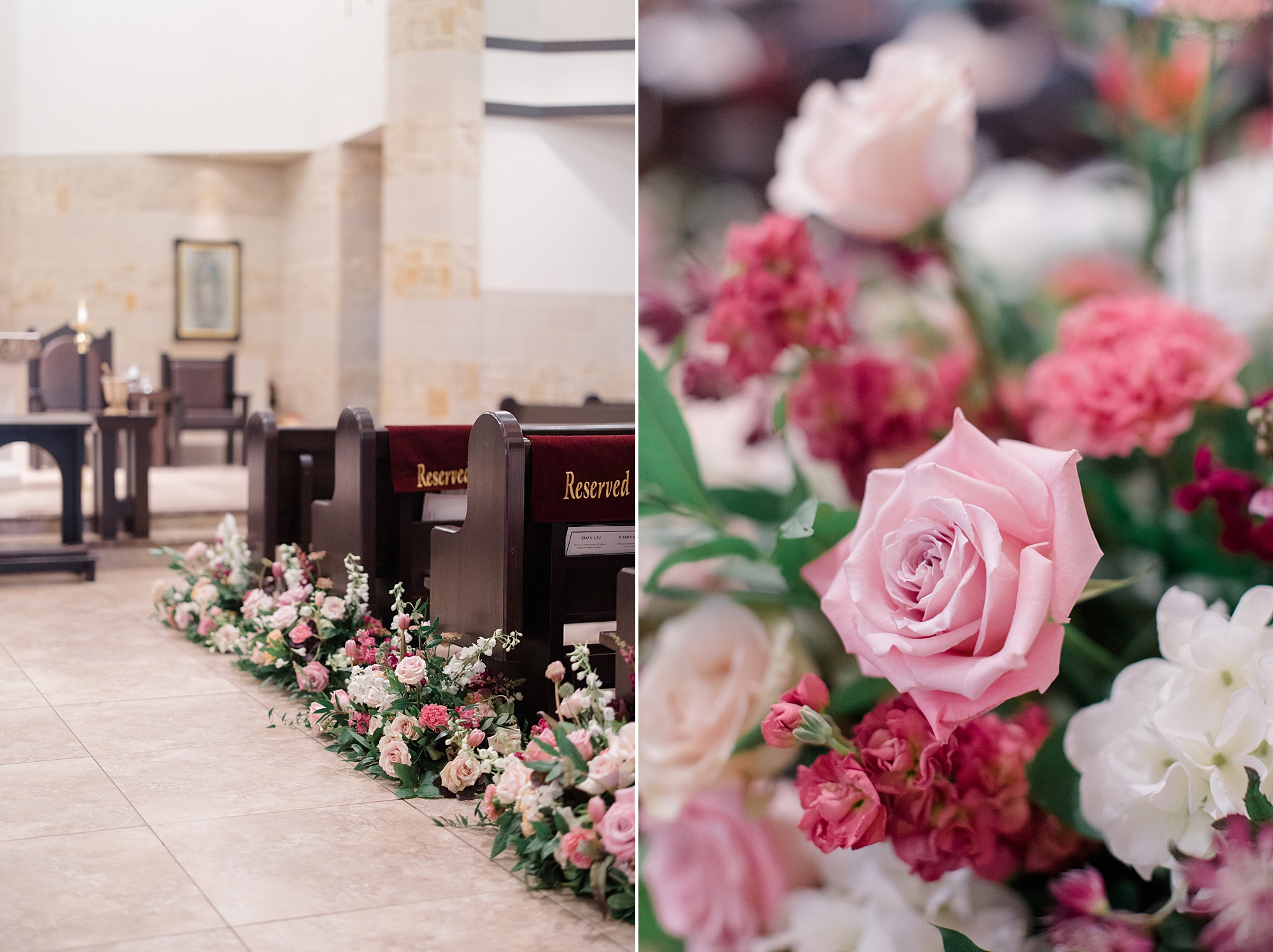pink and white roses line aisle at St. Francis of Assisi Catholic Church Frisco
