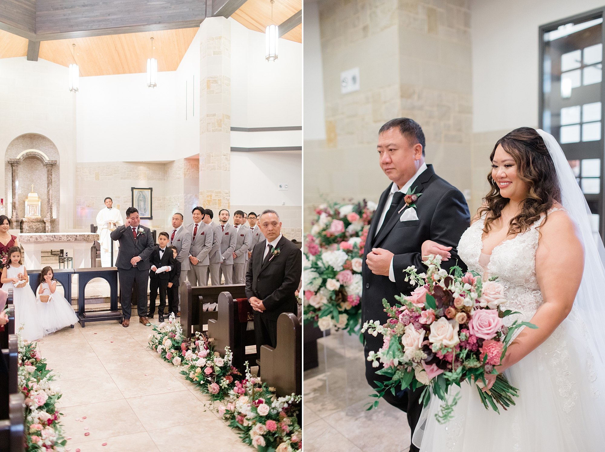bride walks into ceremony at St. Francis of Assisi Catholic Church Frisco