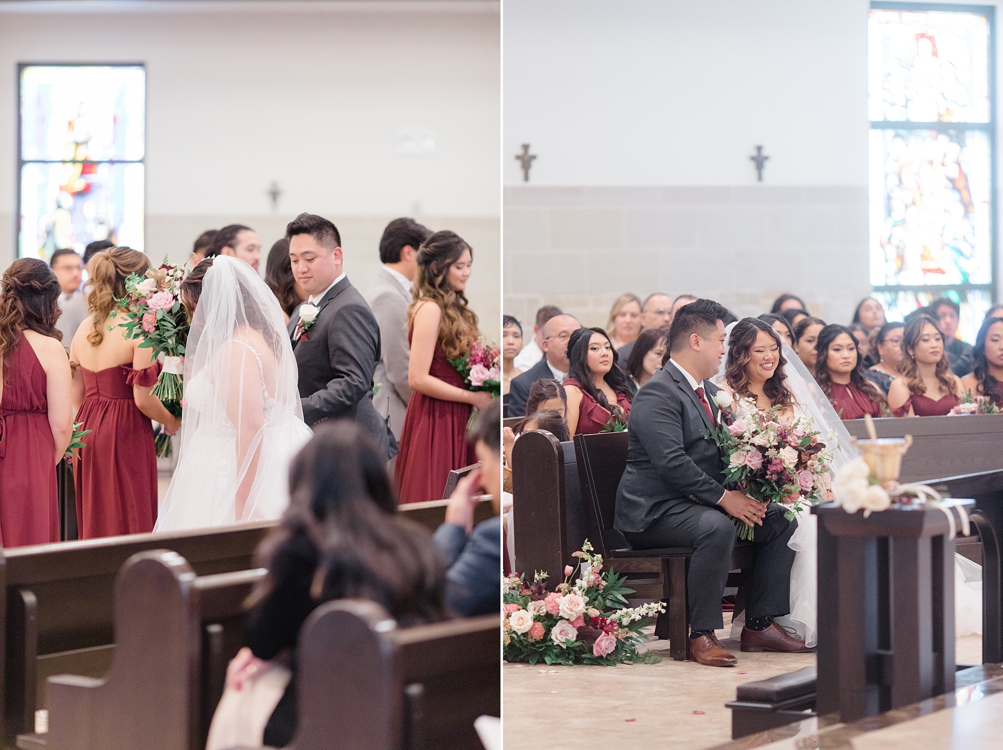 bride and groom sit together in pew during St. Francis of Assisi Catholic Church Frisco
