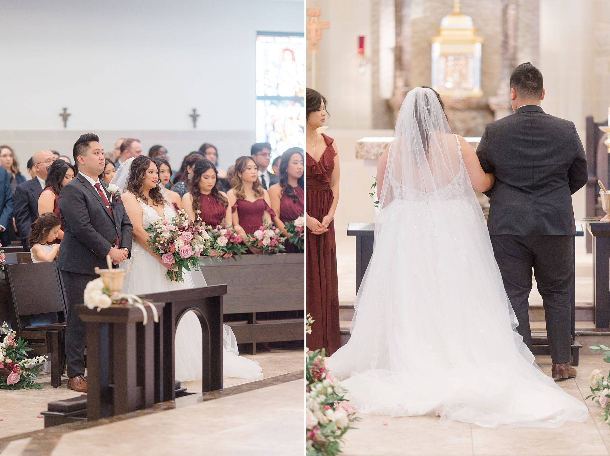 newlyweds kneel together at alter in St. Francis of Assisi Catholic Church Frisco